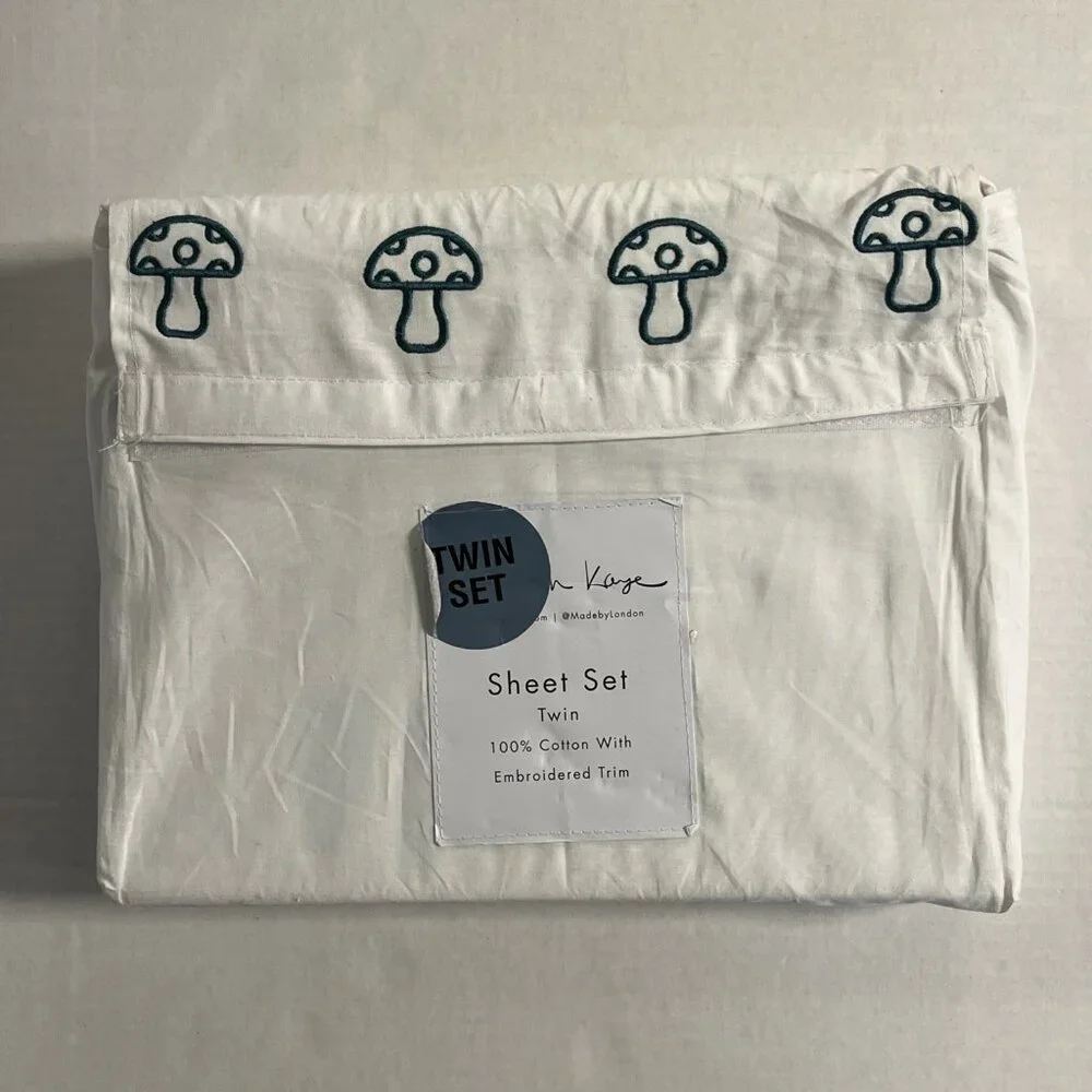 London Kaye Twin Sheet Set Green Mushroom Embroidered White Cotton 70s Retro‎